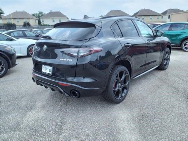 2024 Alfa Romeo Stelvio Veloce in a Vulcano Black Metallic exterior color and Blackinterior. Northside Imports Houston 281-475-4549 northsideimportshouston.com 