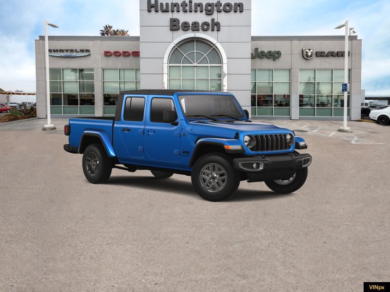 2024 Jeep Gladiator Sport S 4x4 in a Hydro Blue Pear exterior color and Black Cloth LOW-Back BUCinterior. BEACH BLVD OF CARS beachblvdofcars.com 