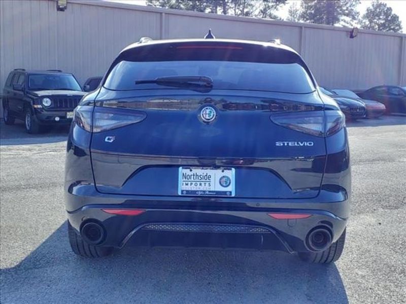 2024 Alfa Romeo Stelvio Veloce in a Vulcano Black Metallic exterior color and Blackinterior. Northside Imports Houston 281-475-4549 northsideimportshouston.com 