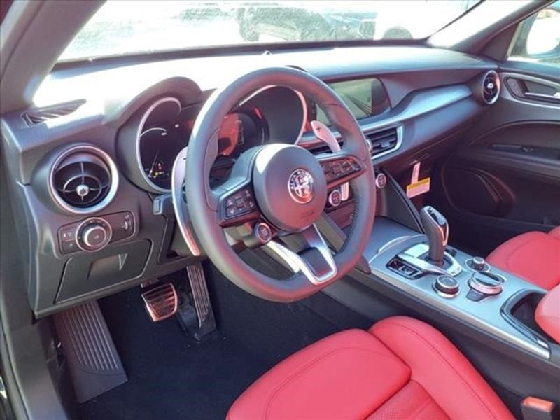 2024 Alfa Romeo Stelvio Veloce in a Vulcano Black Metallic exterior color and Blackinterior. Northside Imports Houston 281-475-4549 northsideimportshouston.com 