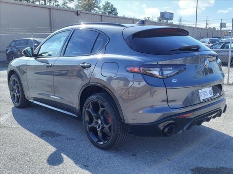 2024 Alfa Romeo Stelvio Veloce in a Vesuvio Gray Metallic exterior color and Blackinterior. Northside Imports Houston 281-475-4549 northsideimportshouston.com 