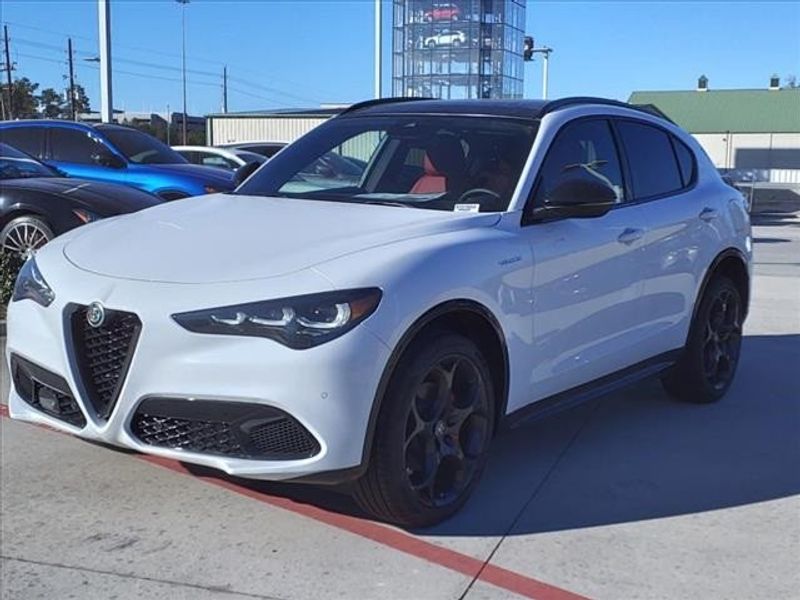 2024 Alfa Romeo Stelvio Veloce in a Alfa White exterior color and Blackinterior. Northside Imports Houston 281-475-4549 northsideimportshouston.com 