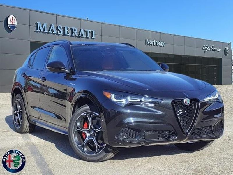 2024 Alfa Romeo Stelvio Veloce in a Vulcano Black Metallic exterior color and Blackinterior. Northside Imports Houston 281-475-4549 northsideimportshouston.com 