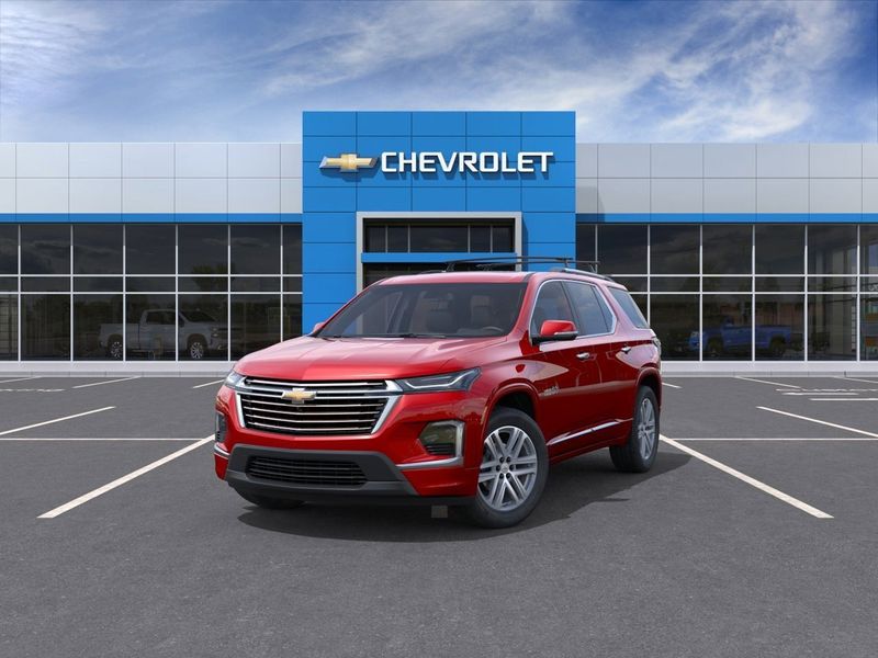 2023 Chevrolet Traverse High Country in a Radiant Red Tint Coat exterior color and Jet Black/Cloveinterior. BEACH BLVD OF CARS beachblvdofcars.com 