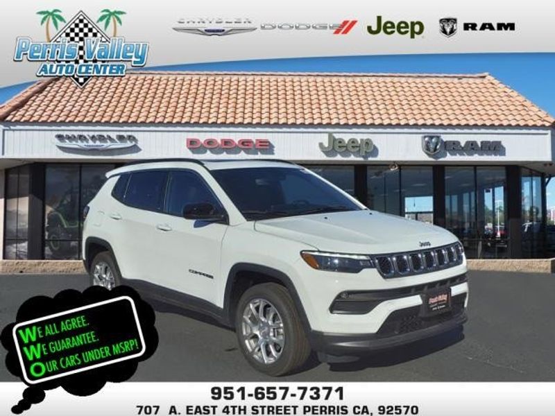 2024 Jeep Compass Latitude Lux in a Bright White Clear Coat exterior color and Blackinterior. Perris Valley Auto Center 951-657-6100 perrisvalleyautocenter.com 