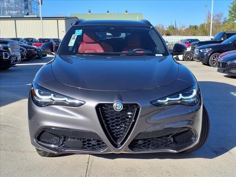 2024 Alfa Romeo Stelvio Veloce in a Vesuvio Gray Metallic exterior color and Blackinterior. Northside Imports Houston 281-475-4549 northsideimportshouston.com 