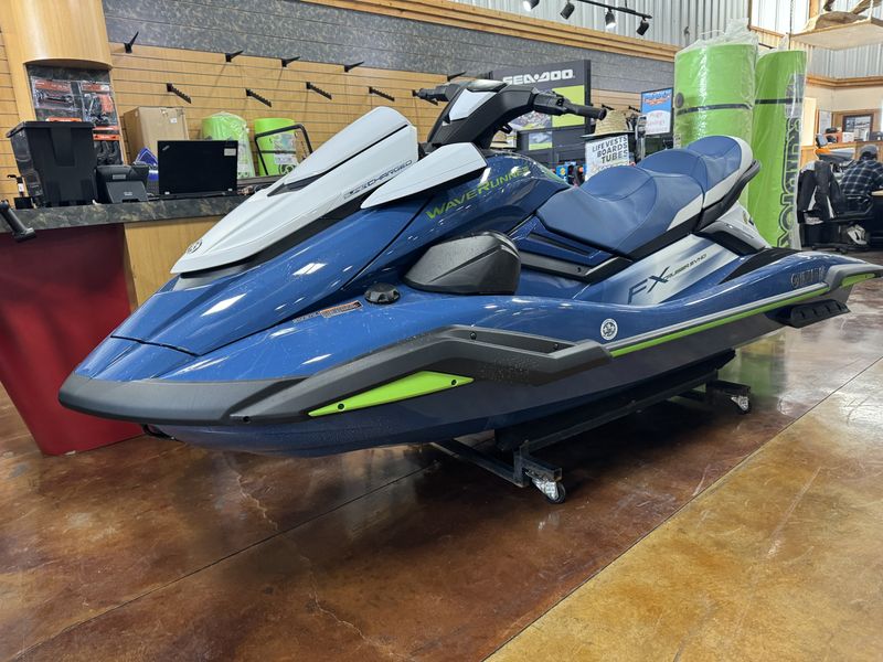 2024 YAMAHA WAVERUNNER FX CRUISER SVHO WITH AUDIO  DEEP WATER BLUE  WHITE  in a BLUE exterior color. Family PowerSports (877) 886-1997 familypowersports.com 