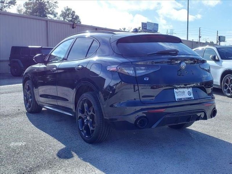 2024 Alfa Romeo Stelvio Veloce in a Vulcano Black Metallic exterior color and Blackinterior. Northside Imports Houston 281-475-4549 northsideimportshouston.com 