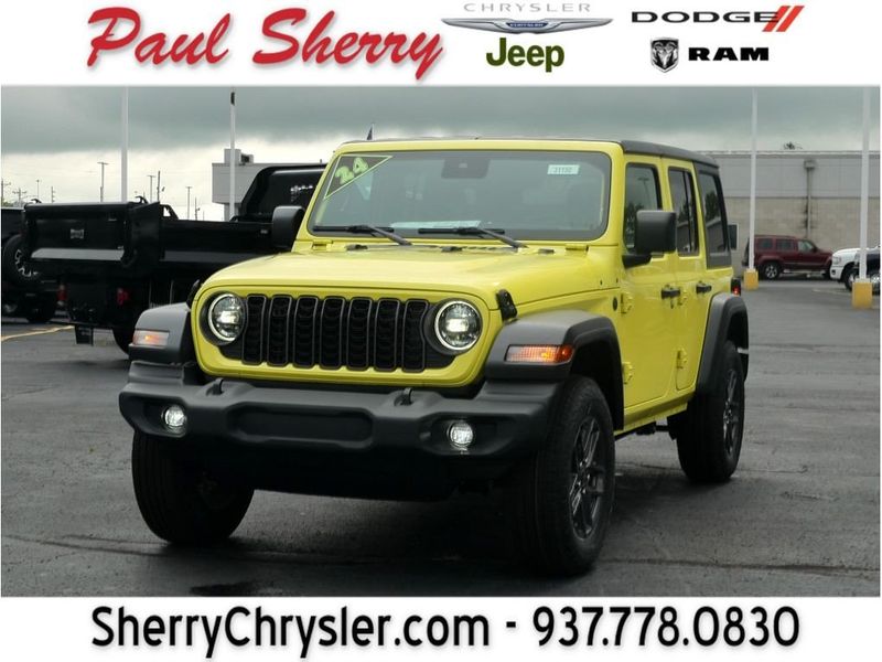 2024 Jeep Wrangler 4-door Sport S in a High Velocity Clear Coat exterior color and Blackinterior. Paul Sherry Chrysler Dodge Jeep RAM (937) 749-7061 sherrychrysler.net 