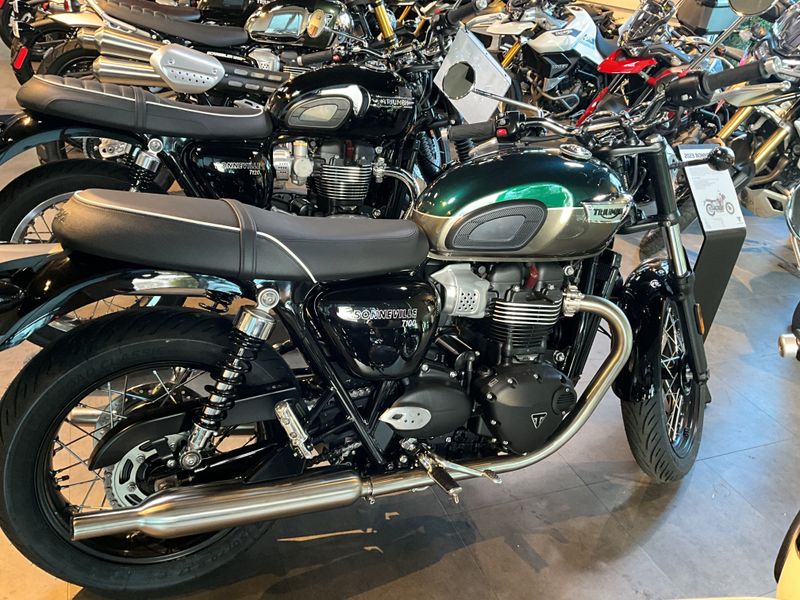 2024 Triumph BONNEVILLE T100 in a COMPETITION GREEN / IRONSTONE exterior color. BMW Motorcycles of Modesto 209-524-2955 bmwmotorcyclesofmodesto.com 