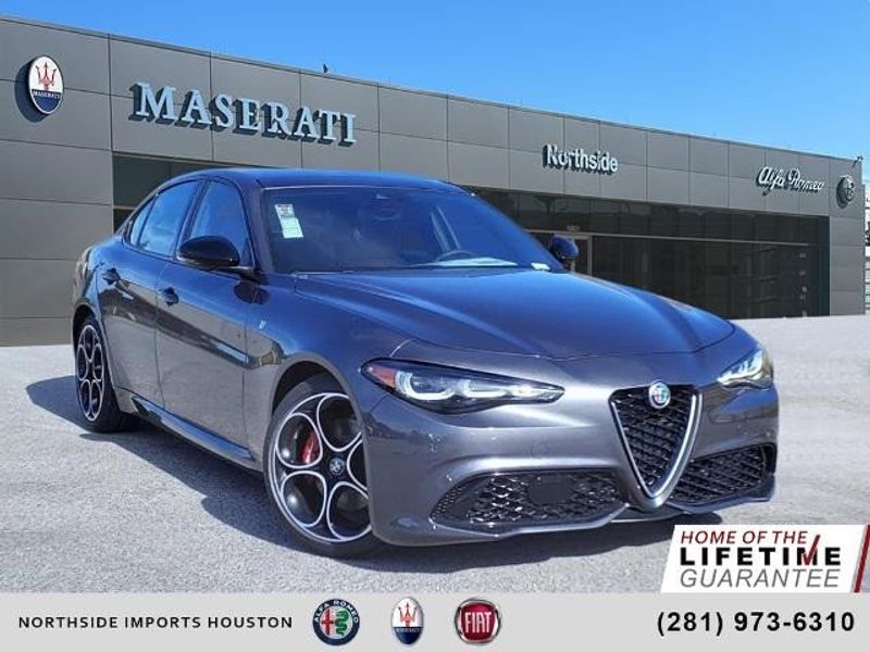 2024 Alfa Romeo Giulia Ti in a Vesuvio Gray Metallic exterior color and Blackinterior. Northside Imports Houston 281-475-4549 northsideimportshouston.com 