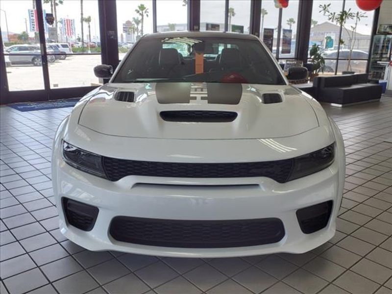 2023 Dodge Charger SRT Hellcat Widebody in a White Knuckle Clear Coat exterior color and Blackinterior. Perris Valley Auto Center 951-657-6100 perrisvalleyautocenter.com 