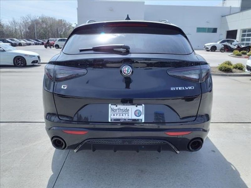 2024 Alfa Romeo Stelvio Veloce in a Vulcano Black Metallic exterior color and Blackinterior. Northside Imports Houston 281-475-4549 northsideimportshouston.com 