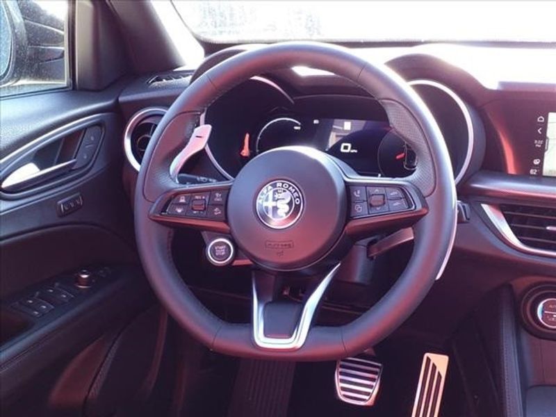 2024 Alfa Romeo Stelvio Veloce in a Vulcano Black Metallic exterior color and Blackinterior. Northside Imports Houston 281-475-4549 northsideimportshouston.com 