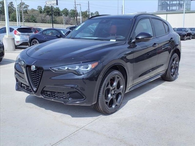 2024 Alfa Romeo Stelvio Veloce in a Vulcano Black Metallic exterior color and Blackinterior. Northside Imports Houston 281-475-4549 northsideimportshouston.com 