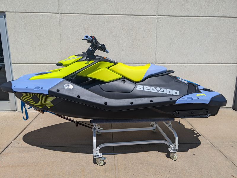 2024 SEA DOO SPARK TRIXX 3 UP  in a VAPOR BLUE / NEON YELLOW exterior color. Cross Country Powersports 732-491-2900 crosscountrypowersports.com 