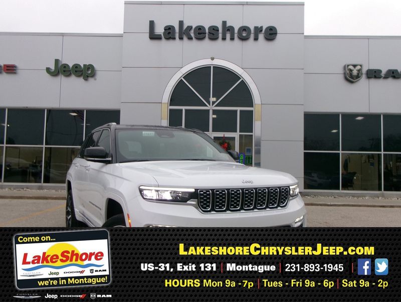 2024 Jeep Grand Cherokee Summit Reserve 4x4 in a Bright White Clear Coat exterior color and Tupelo/Blackinterior. Lakeshore Chrysler Jeep Dodge (231) 500-5209 lakeshorechryslerjeep.com 