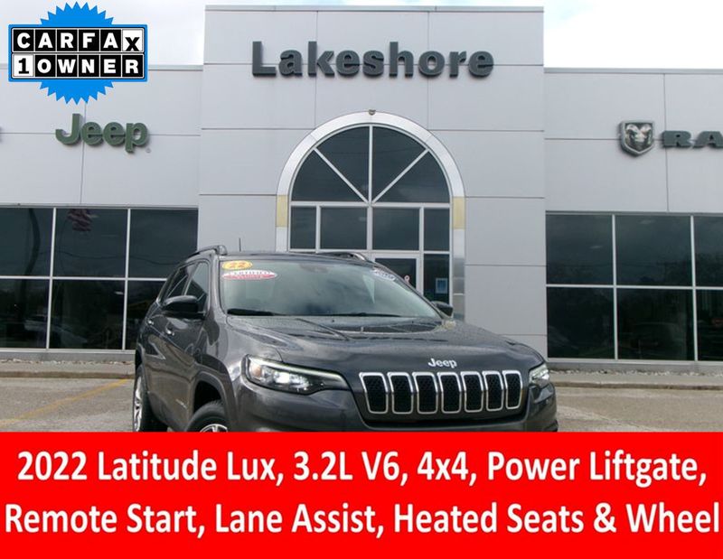 2022 Jeep Cherokee Latitude Lux in a Granite Crystal Metallic Clear Coat exterior color and Blackinterior. Lakeshore Chrysler Jeep Dodge (231) 500-5209 lakeshorechryslerjeep.com 