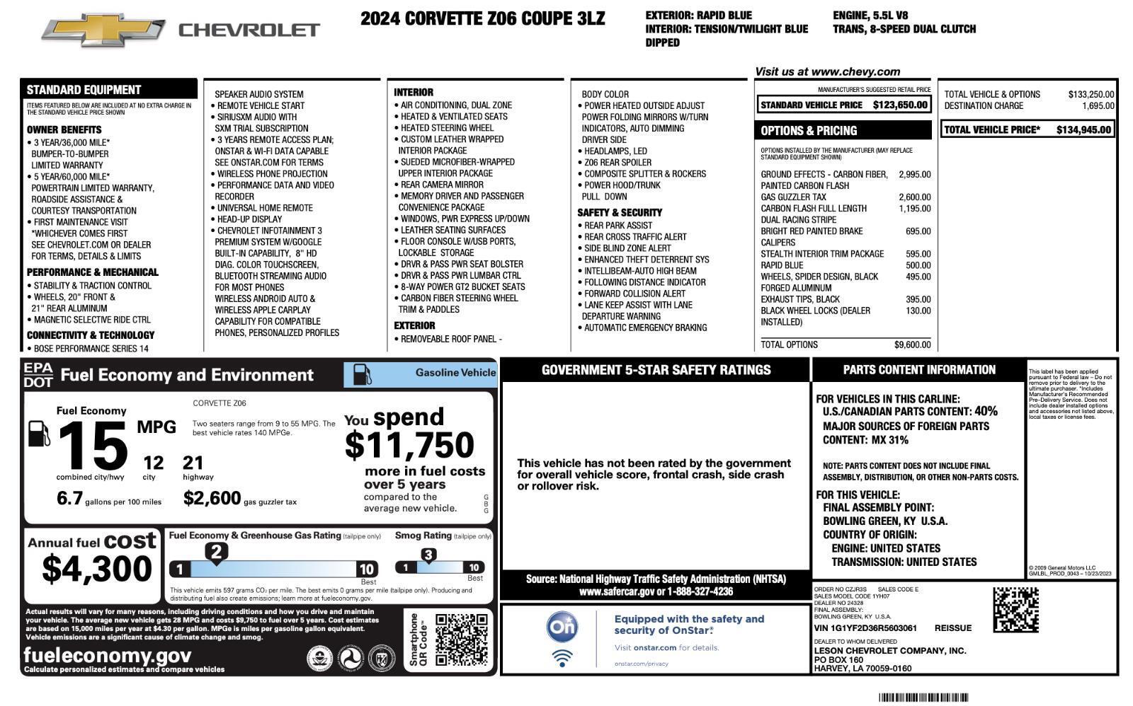 Used 2024 Chevrolet Corvette Z06 3LZ