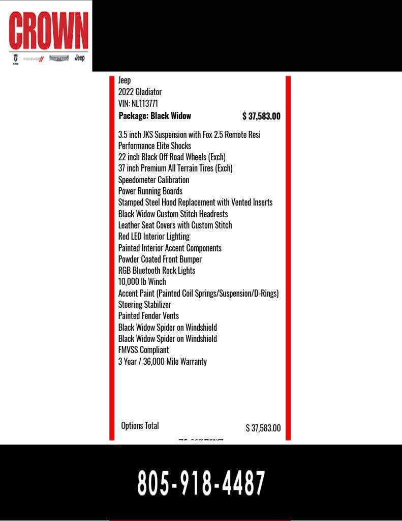 Used 2022 Jeep Gladiator Overland with VIN 1C6HJTFG7NL113771 for sale in Ventura, CA